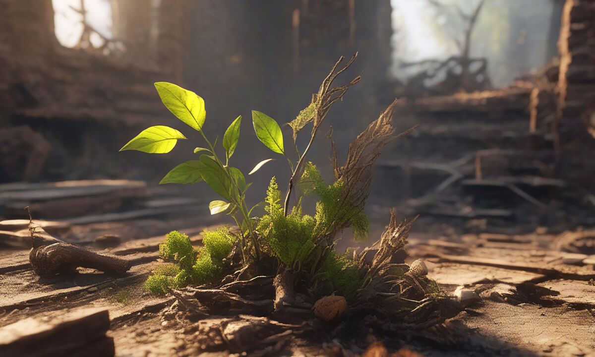 End3r's Corner - Small plant growing out of big burned down ruins